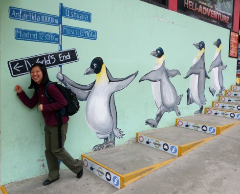 Katie Ho leading penguin line in Ushuaia