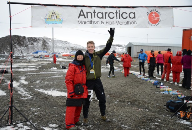 Mike Sohaskey and Katie Ho at finish line of Antarctica Marathon 2013