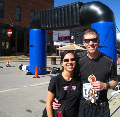 Mike Sohaskey and Katie at finish line of Run Crazy Horse Marathon 2011