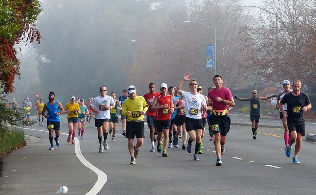 Trying to hail a cab at mile 18, while the fellow behind and to my left primes for takeoff