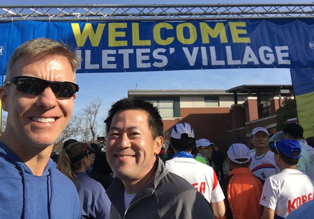 Mike Sohaskey & Paul Ishimine at Boston Marathon Athletes Village