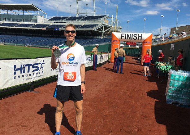 Mike Sohaskey at Omaha Marathon finish