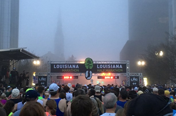 Louisiana Marathon start line shrouded in fog
