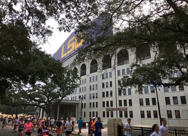 Louisiana Marathon running by Tiger Stadium at LSU