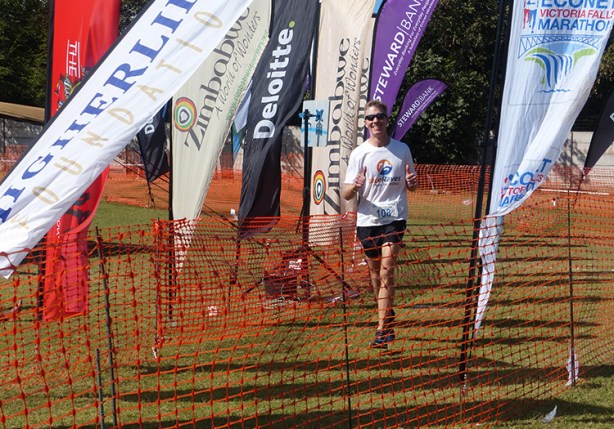 Mike Sohaskey at Victoria Falls Marathon finish