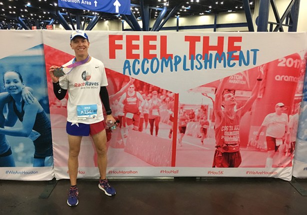 Mike feeling the accomplishment after finishing the Houston Marathon