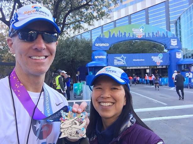 Mike Sohaskey and Katie Ho – Houston Marathon finish line selfie
