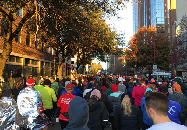 At the back of the pack at the Houston Marathon start line