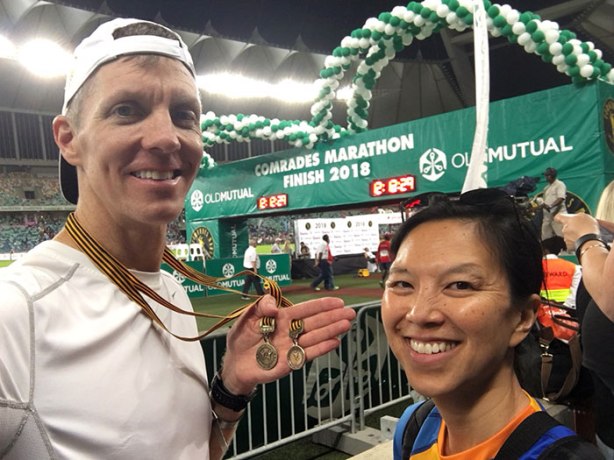 2018 Comrades Marathon finish line selfie with Mike Sohaskey and Katie Ho