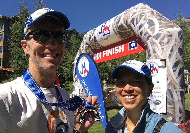 Mike Sohaskey & Katie Ho, Jackson Hole Marathon finish line selfie
