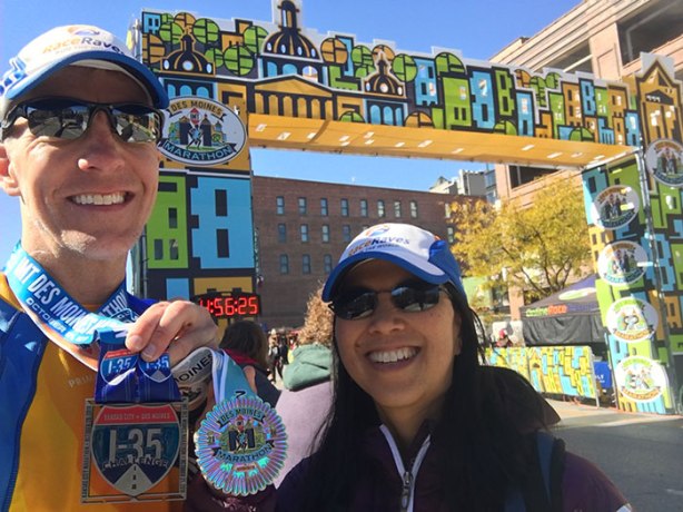 Mike Sohaskey and Katie Ho Des Moines Marathon finish line selfie
