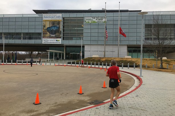 Mile 10 turnaround of 3 Bridges Marathon at the Clinton Presidential Center