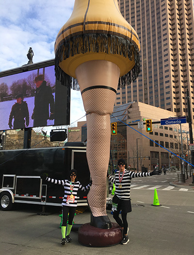20-foot-tall inflatable leg lamp at start of A Christmas Story Run