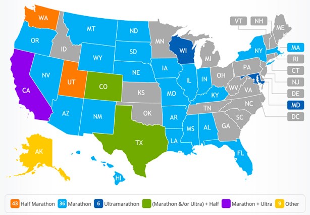 Mike Sohaskey's 50 States map on RaceRaves, after Fargo Marathon