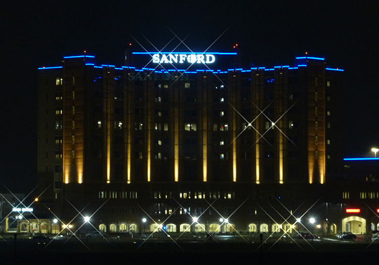 Sanford building in Fargo at night