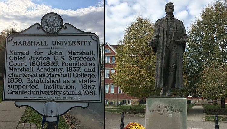 Marshall Univeristy sign and John Marshall statue