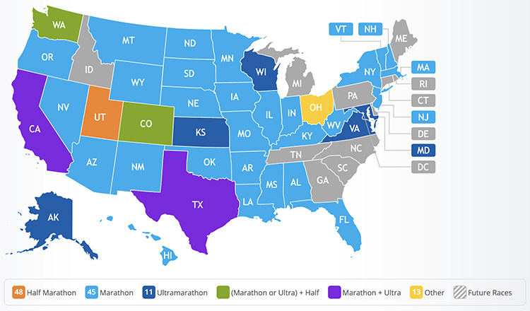 Mike Sohaskey's 50 States map after 2023 Marine Corps 50K